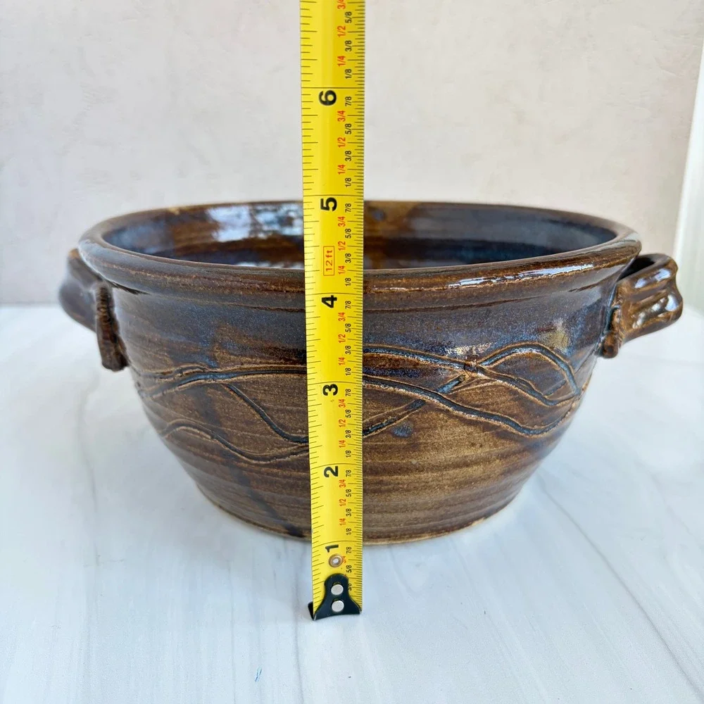 Vintage 1989 Signed Studio Pottery Handled Serving Bowl Brown Blue Stoneware